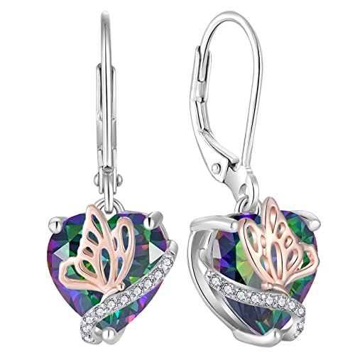 YL Herz Ohrringe 925 Sterling Silber Schmetterling mit Regenbogen Zirkonia Ohrringe Schmuck Geschenke für Damen Mutter Freundin ihre von YL