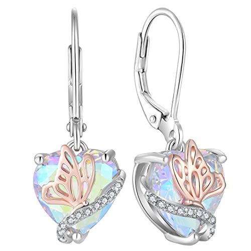 YL Herz Ohrringe 925 Sterling Silber Schmetterling mit Regenbogen Zirkonia Weiß Ohrringe Schmuck Geschenke für Damen Mutter Freundin ihre von YL