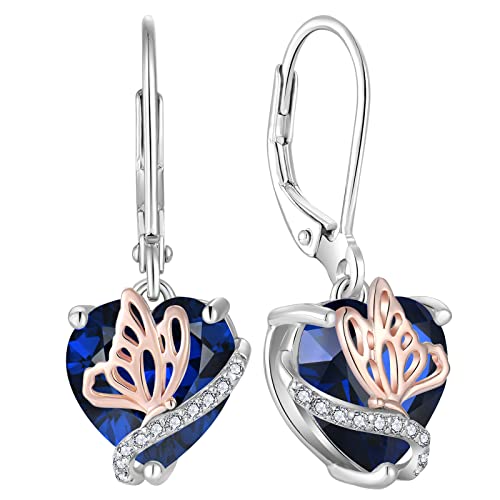 YL Herz Ohrringe 925 Sterling Silber Schmetterling mit September Geburtsstein Saphir Ohrringe Schmuckgeschenke für Damen Mutter Freundin ihre von YL