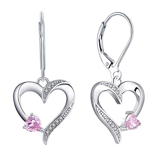 YL Herz Ohrringe 925 Sterling Silber Schnitt Oktober Geburtsstein Rosa Zirkonia Liebe Herz Tropfen Ohrringe für Damen von YL