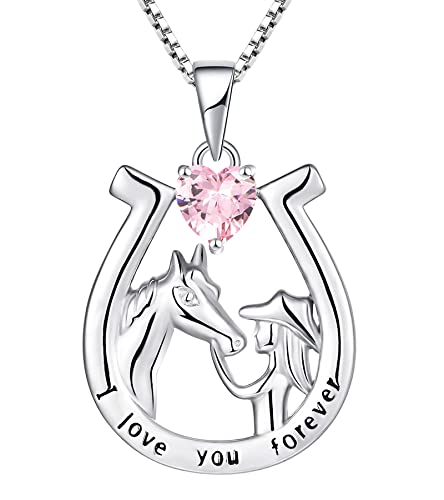 YL Hufeisen Halskette 925 Sterling Silber Schliff Oktober Geburtsstein Rosa Zirkonia Gravur "I love you forever" Pferdeanhänger Schmuck für Frauen Freundin von YL