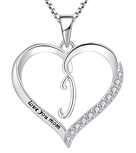 YL Initial Halskette 925 Sterling Silber Gravur "love you mom" J Alphabet Buchstabe Herz Anhänger Schmuck Geschenke für Damen von YL