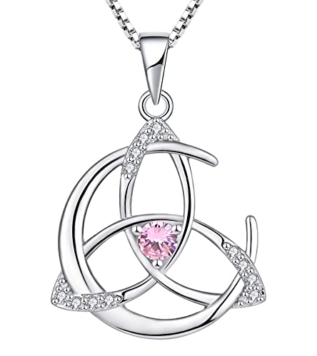 YL Keltische Halskette 925 Sterling Silber Oktober Geburtsstein rosa Zirkonia Mond und keltischer Knoten Anhänger für Damen, Kettenlänge 45 + 3 cm von YL