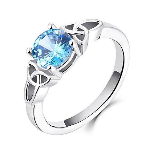 YL Keltischer Ring 925 Sterling Silber März Geburtsstein Aquamarinblau Zirkonia Solitaire Ring Verlobungs-Ehering für Brautfrauen Women(Größe 54） von YL
