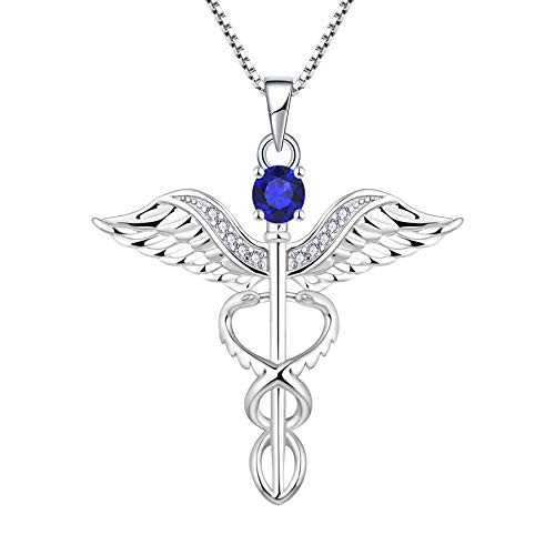YL Krankenschwester Kette 925 Sterling Silber Schliff September Geburtsstein Spinellblau Engelsflügel Caduceus RN registrierte Anhänger pour Femme Infirmière von YL