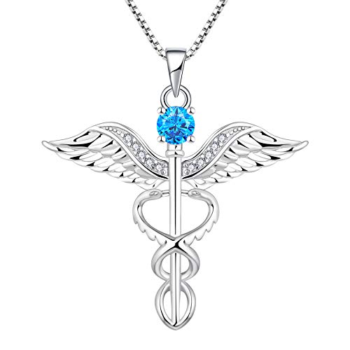 YL Krankenschwester Kette 925 Sterling Silber Schliff März Geburtsstein Aquamarinblau Engelsflügel Caduceus RN registrierte Anhänger pour Femme Infirmière von YL