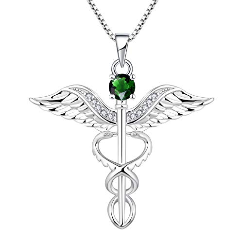 YL Krankenschwester Kette 925 Sterling Silber Schliff Mai Geburtsstein Grün Zirkonia Engelsflügel Caduceus RN registrierte Anhänger pour Femme Infirmière von YL