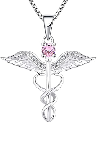 YL Krankenschwester Kette 925 Sterling Silber Schliff Oktober Geburtsstein Rosa Zirkonia Engelsflügel Caduceus RN registrierte Anhänger pour Femme Infirmière von YL