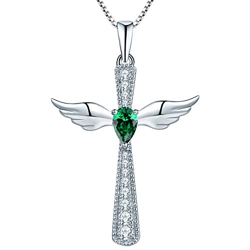 YL Kreuz Engelsflügel Halskette 925 Sterling Silber Mai Geburtsstein Grün Zirkonia Schutzengel Anhänger Halskette für Damen von YL