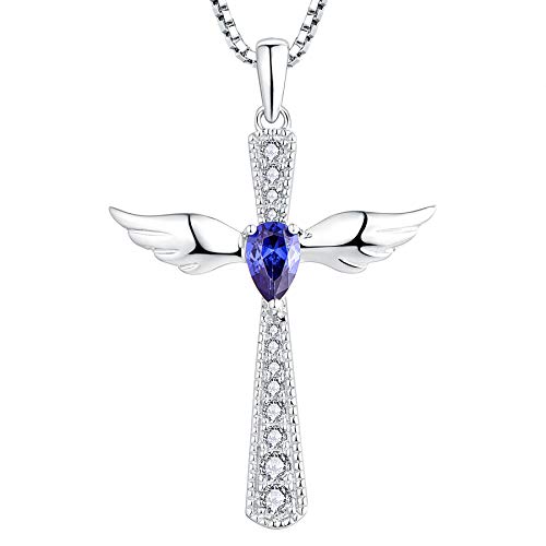 YL Kreuz Engelsflügel Halskette 925 Sterling Silber December Geburtsstein Tanzanite Zirkonia Schutzengel Anhänger Halskette für Damen von YL