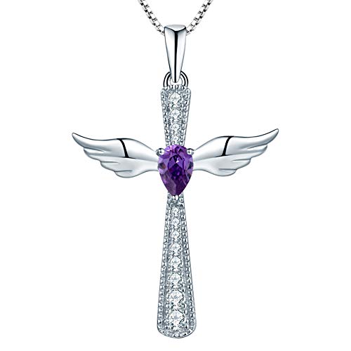 YL Kreuz Engelsflügel Halskette 925 Sterling Silber Februar Geburtsstein Tief Amethyst Schutzengel Anhänger Halskette für Damen von YL