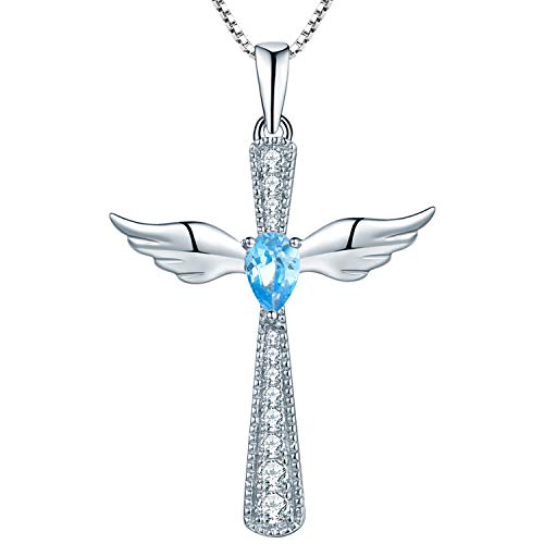 YL Kreuz Engelsflügel Halskette 925 Sterling Silber März Geburtsstein Aquamarinblau Zirkonia Schutzengel Anhänger Halskette für Damen von YL