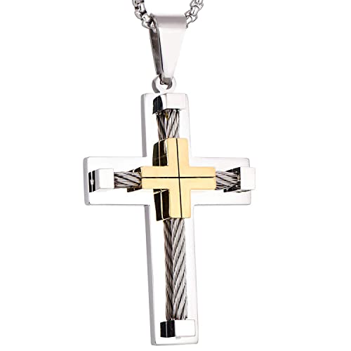 YL Kreuz Halskette Edelstahl mit 18 Karat Gold und Weißgold plattiert Jesus Christus Anhänger Halskette für Herren, 60 cm Runde Kastenkette von YL