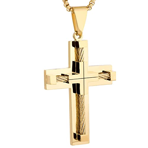 YL Kreuz Halskette Edelstahl mit 18 Karat Gold plattiert Jesus Christus Anhänger Halskette für Herren, 60 cm Runde Kastenkette von YL