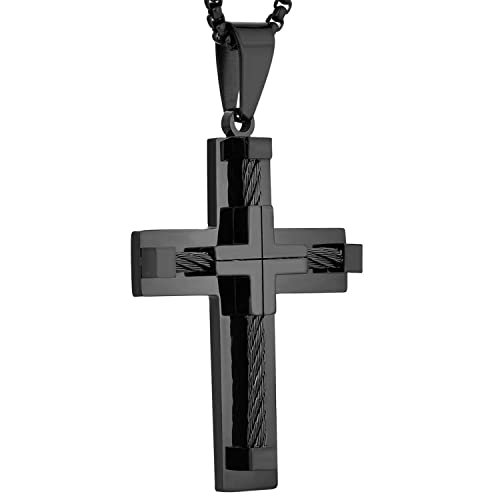 YL Kreuz Halskette Edelstahl mit 18 Karat Schwarzes Gold plattiert Jesus Christus Anhänger Halskette für Herren, 60 cm Runde Kastenkette von YL