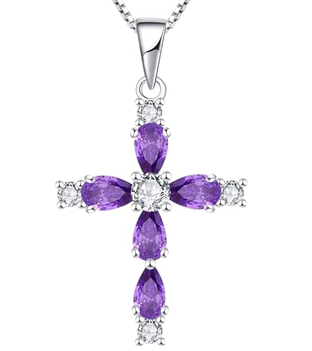 YL Kreuz Kette 925 Sterling Silber Februar Geburtsstein Amethyst Kruzifix Anhänger Geschenke für Damen Mama, 45-48 CM von YL