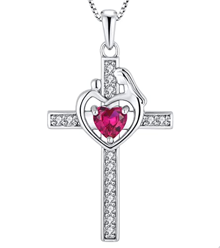 YL Kreuz Kette 925 Sterling Silber Juli Geburtsstein Rubin Kruzifix Mutter und Tochter/Sohn Liebeskreuz Anhänger Halskette für Damen, Kette 45 + 3CM von YL