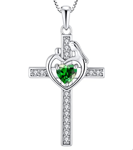 YL Kreuz Kette 925 Sterling Silber Mai Geburtsstein Grün Zirkonia Kruzifix Mutter und Tochter/Sohn Liebeskreuz Anhänger Halskette für Damen, Kette 45 + 3CM von YL