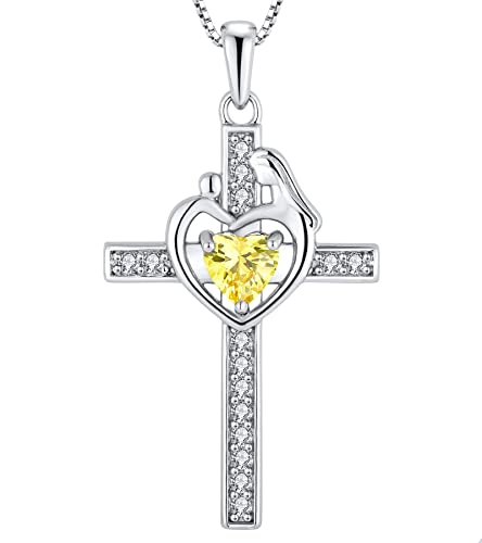 YL Kreuz Kette 925 Sterling Silber November Geburtsstein Gelb Zirkonia Kruzifix Mutter und Tochter/Sohn Liebeskreuz Anhänger Halskette für Damen, Kette 45 + 3CM von YL