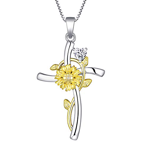 YL Kreuz Kette 925 Sterling Silber Schnitt April Geburtsstein Weiß Zirkonia Crucifix Sonnenblume Anhänger für Damen Mama von YL