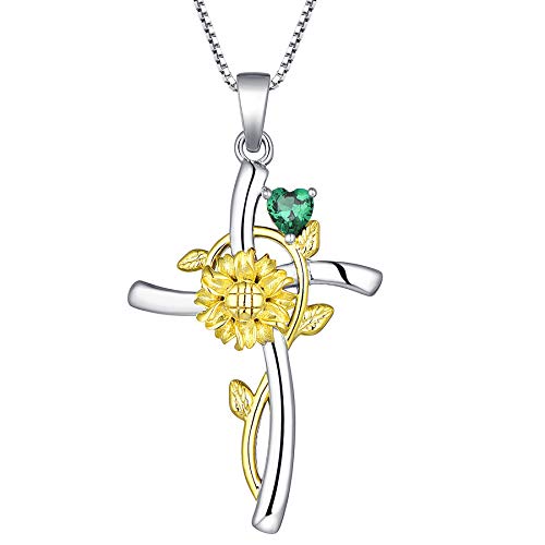 YL Kreuz Kette 925 Sterling Silber Schnitt Mai Geburtsstein Grün Zirkonia Crucifix Sonnenblume Anhänger für Damen Mama von YL