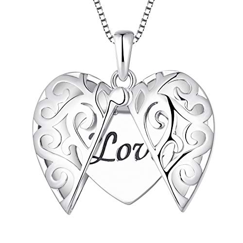 YL Lebensbaum Filigrane Medaillon Kette 925 Sterling Silber Gravierte "Love" Herz Anhänger Halskette für Damen, 45-48CM von YL