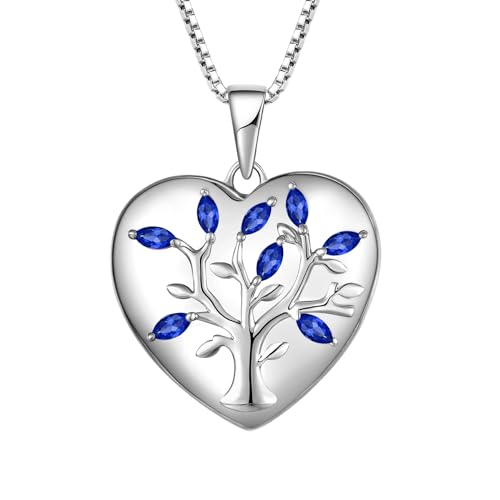 YL Lebensbaum Medaillon Halskette 925 Sterling Silber Schnitt Saphir Blau Herz Medaillon Anhänger für Damen von YL