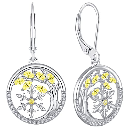 YL Lebensbaum und der Schneeflocke Ohrringe 925 Sterling Silber November Geburtsstein Citrine Zirkonia Ohrringe für Damen von YL