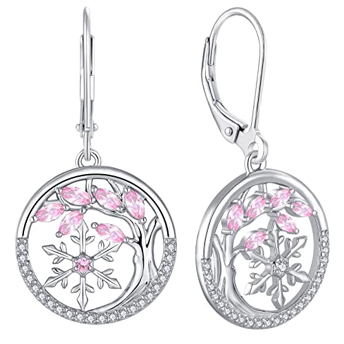 YL Lebensbaum und der Schneeflocke Ohrringe 925 Sterling Silber Oktober Geburtsstein Turmaline Rosa Ohrringe für Damen von YL