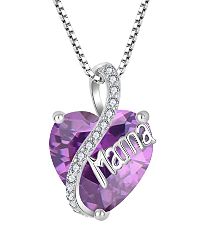 YL Mama Halskette 925 Sterling Silber Herz Anhänger Februar Geburtsstein Amethyst Halskette Schmuck Geschenke für Mutter Frau Freundin ihre von YL