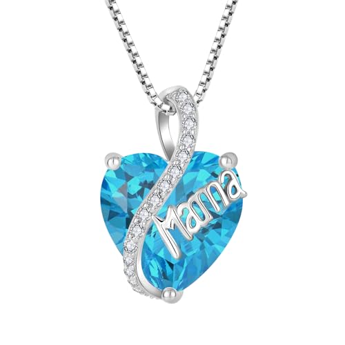 YL Mama Halskette 925 Sterling Silber Herz Anhänger März Geburtsstein Aquamarine Halskette Schmuckgeschenke für Mutter Frau Freundin ihre ihre Frau von YL