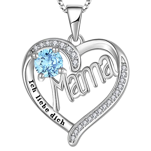 YL Mama Halskette 925 Sterling Silber mit Gravur „Ich liebe dich“ März Geburtsstein Aquamarin Blau Mama Anhänger für Damen von YL