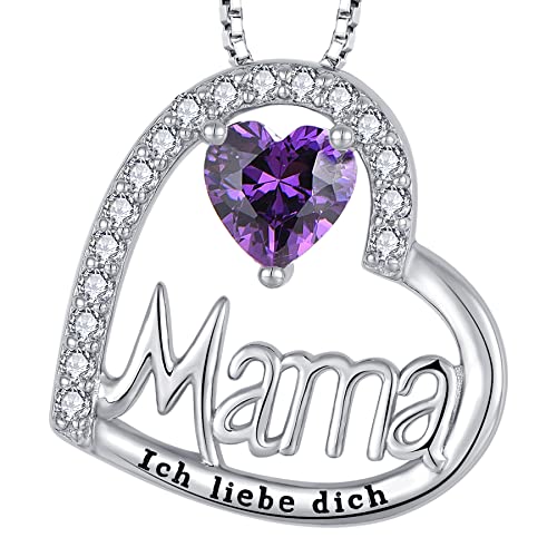 YL Mama Halskette 925 Sterling Silber mit Gravur "Ich liebe dich" geschliffen Februar Geburtsstein Amethyst Mama Anhänger Kette für Damen von YL