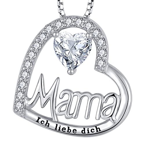 YL Mama Halskette 925 Sterling Silber mit Gravur "Ich liebe dich" im April Geburtsstein Weißer Zirkonia Mama Anhänger Kette für Damen von YL