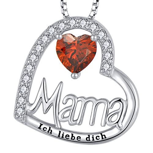 YL Mama Halskette 925er Sterlingsilber mit eingraviertem "Ich liebe dich" Schliff Januar Geburtsstein Granat Mama Anhänger Kette für Damen von YL