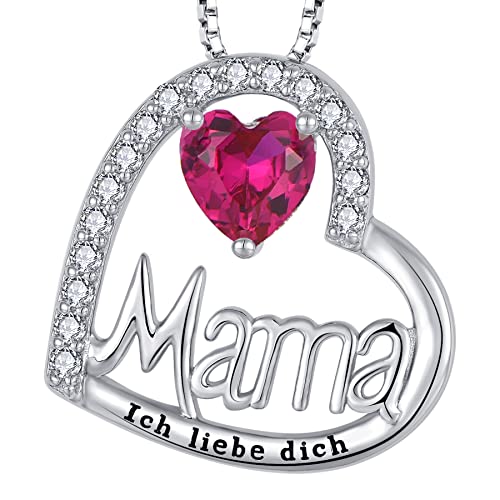 YL Mama Halskette aus 925er Sterlingsilber mit eingraviertem Ich liebe dich“ Schliff Juli Geburtsstein Rubin Mama Anhänger Kette für Damen von YL