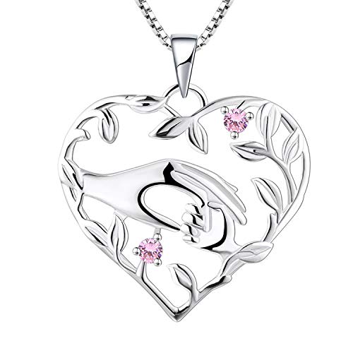 YL Mama Kette 925 Sterling Silber Oktober Geburtsstein Rosa Zirkonia Mutter halten Kinderhand Anhänger Halskette Geschenke für Mama von YL