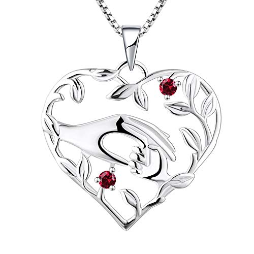 YL Mama Kette 925 Sterling Silber Juli Geburtsstein Rubin Zirkonia Mutter halten Kinderhand Anhänger Halskette Geschenke für Mama von YL
