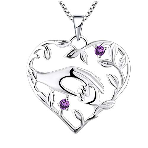 YL Mama Kette 925 Sterling Silber Februar Geburtsstein Amethyst Mutter halten Kinderhand Anhänger Halskette Geschenke für Mama von YL