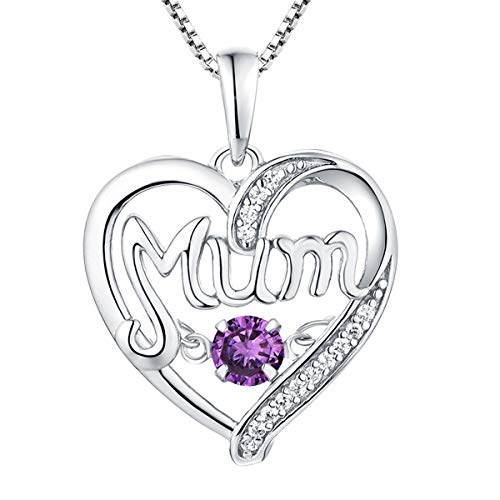 YL Mama Kette 925 Sterling Silber mit Februar Geburtsstein Amethyst Herzschlag Herz Liebe Anhänger für Damen Mutter, 45-48 cm von YL