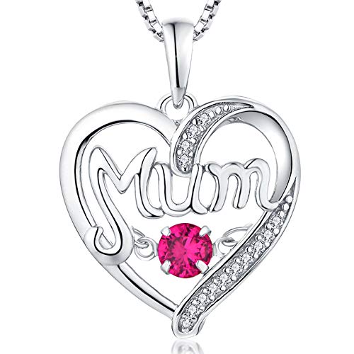 YL Mama Kette 925 Sterling Silber mit Juli Geburtsstein Heller Rubin Herzschlag Herz Liebe Anhänger für Damen Mutter, 45-48 cm von YL