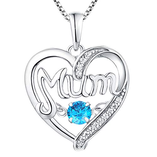 YL Mama Kette 925 Sterling Silber mit März Geburtsstein Aquamarinblau Herzschlag Herz Liebe Anhänger für Damen Mutter, 45-48 cm von YL