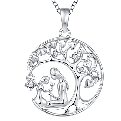 YL Mutter und Tochter Halskette 925 Sterling Silber April Birthstone White Cubic Zirconia Lebensbaum Anhänger für Damen Mama,Kette 45+3CM von YL