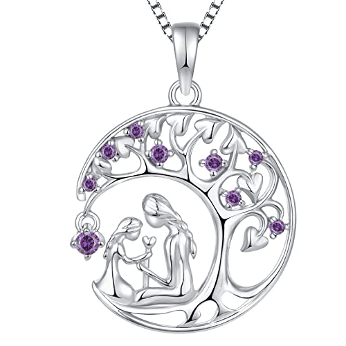 YL Mutter und Tochter Halskette 925 Sterling Silber Februar Birthstone Amethyst Lebensbaum Anhänger für Damen Mama,Kette 45+3CM von YL