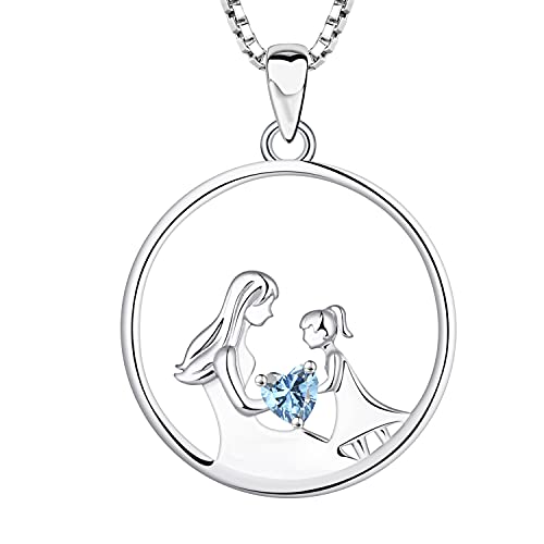 YL Mutter und Tochter Halskette 925 Sterling Silber März Geburtsstein Aquamarin Blau Zirkonia Anhänger Halskette Geschenke für Mutter Frauen, 45-48 CM von YL