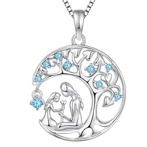 YL Mutter und Tochter Halskette 925 Sterling Silber March Birthstone Aquamarine Blue Lebensbaum Anhänger für Damen Mama,Kette 45+3CM von YL