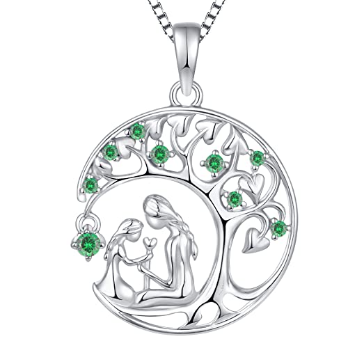 YL Mutter und Tochter Halskette 925 Sterling Silber May Birthstone Green Cubic Zirconia Lebensbaum Anhänger für Damen Mama,Kette 45+3CM von YL