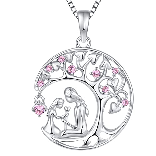 YL Mutter und Tochter Halskette 925 Sterling Silber October Birthstone Pink Cubic Zirconia Lebensbaum Anhänger für Damen Mama,Kette 45+3CM von YL