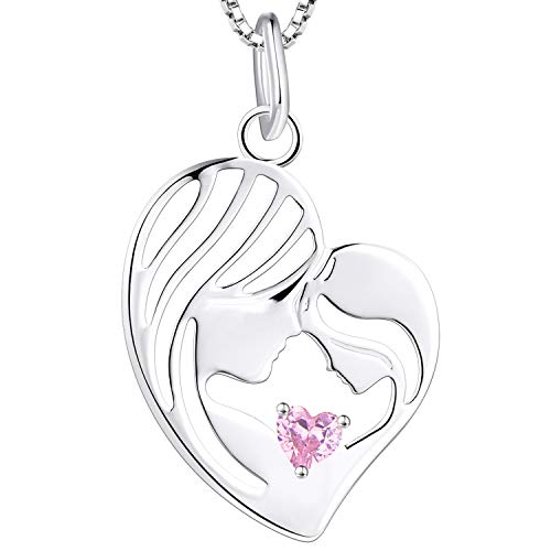 YL Mutter und Tochter Kette 925 Sterling Silber Oktober Geburtsstein Rosa Zirkonia Herz Anhänger Halskette Geschenke für Mama Damen, 45-48 CM von YL