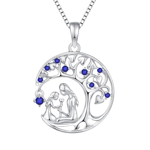 YL Mutter und Tochter Halskette 925 Sterling Silber September Birthstone Saphir Lebensbaum Anhänger für Damen Mama,Kette 45+3CM von YL